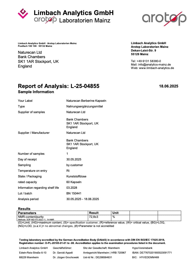 Berberine labbrapport