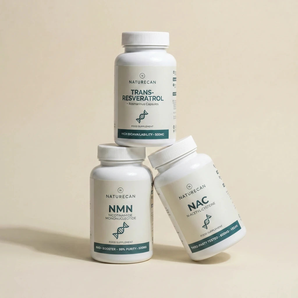 paket för åldrande med NMN, NAC och resveratrol.